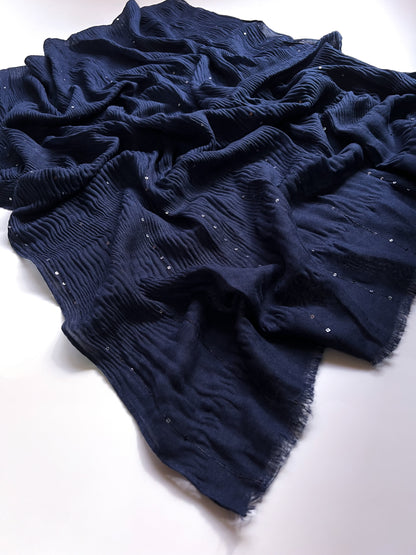 Crumpled Sequins Hijab - Navy Blue