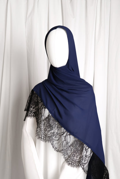 Chiffon Chantilly Lace Hijab - Navy Blue