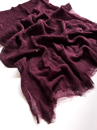 Crumpled Sequins Hijab - Dark Maroon