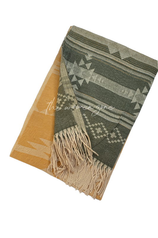 Aztec Woolen Stole - Dark Green/Mustard