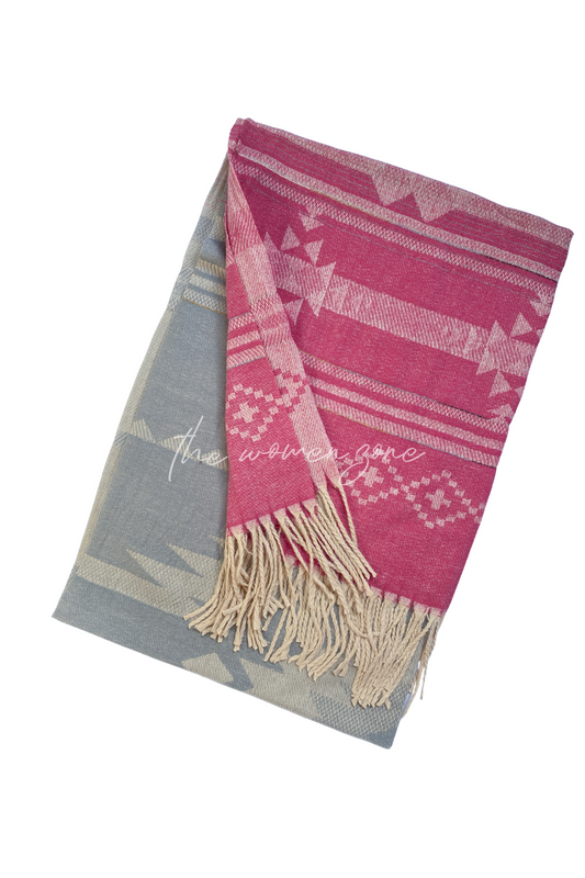 Aztec Woolen Stole - Fuchsia/Light Grey